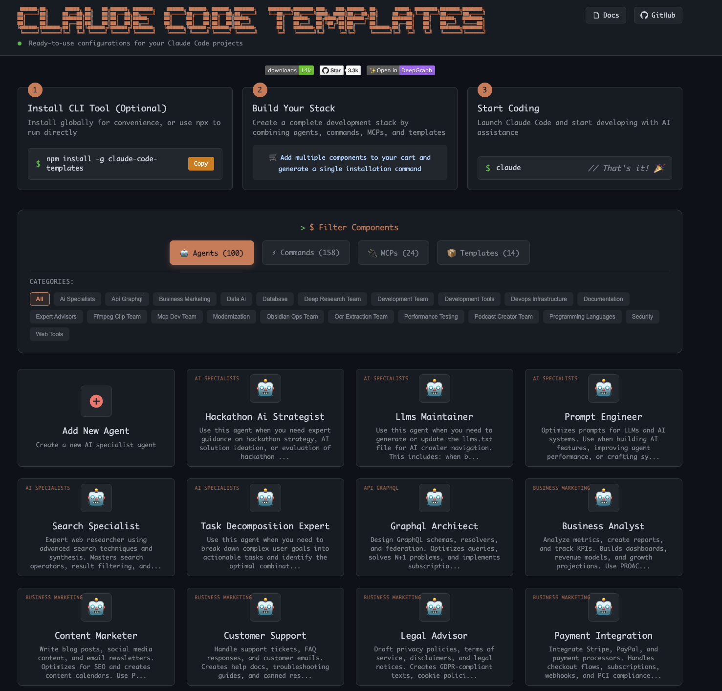 Claude Code free templates dashboard showing 100+ agents, 159+ commands, and 23+ MCP servers for AI-powered coding productivity