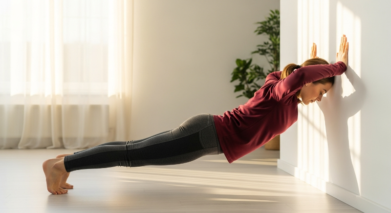 거실 벽을 짚고 올바른 자세로 월 푸시업(서서 하는 팔굽혀펴기)을 하는 옆모습