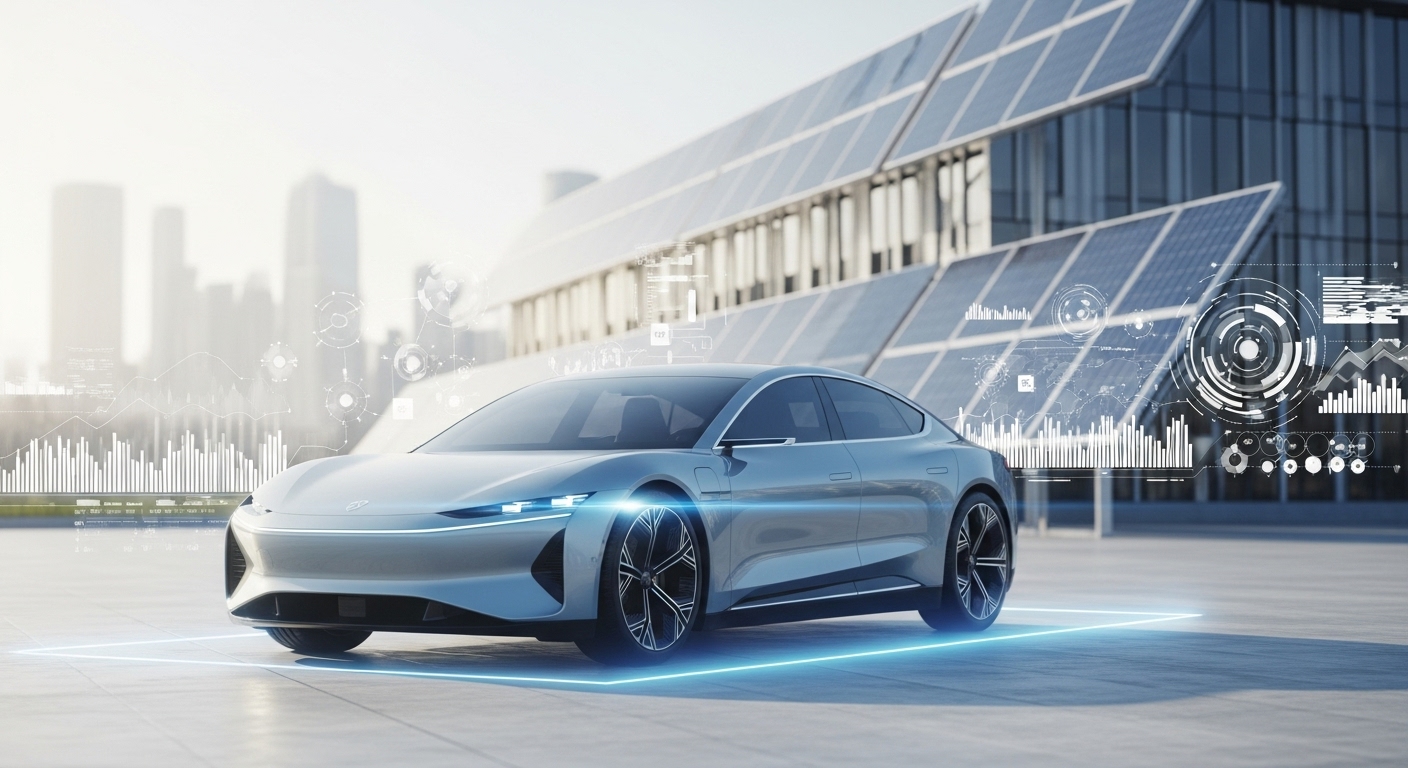 푸른빛 전기차와 미래 지향적인 건물 앞에서, 2026년 전기차 지원금 정책의 변화를 알리는 상징적인 이미지.