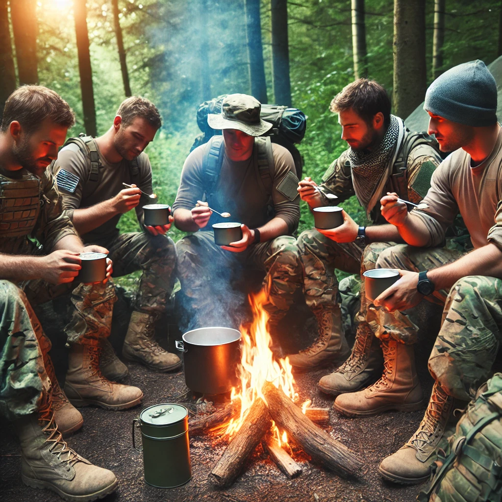 캠핑장에서 전투식량을 함께 나누며 즐기는 캠퍼들의 모습