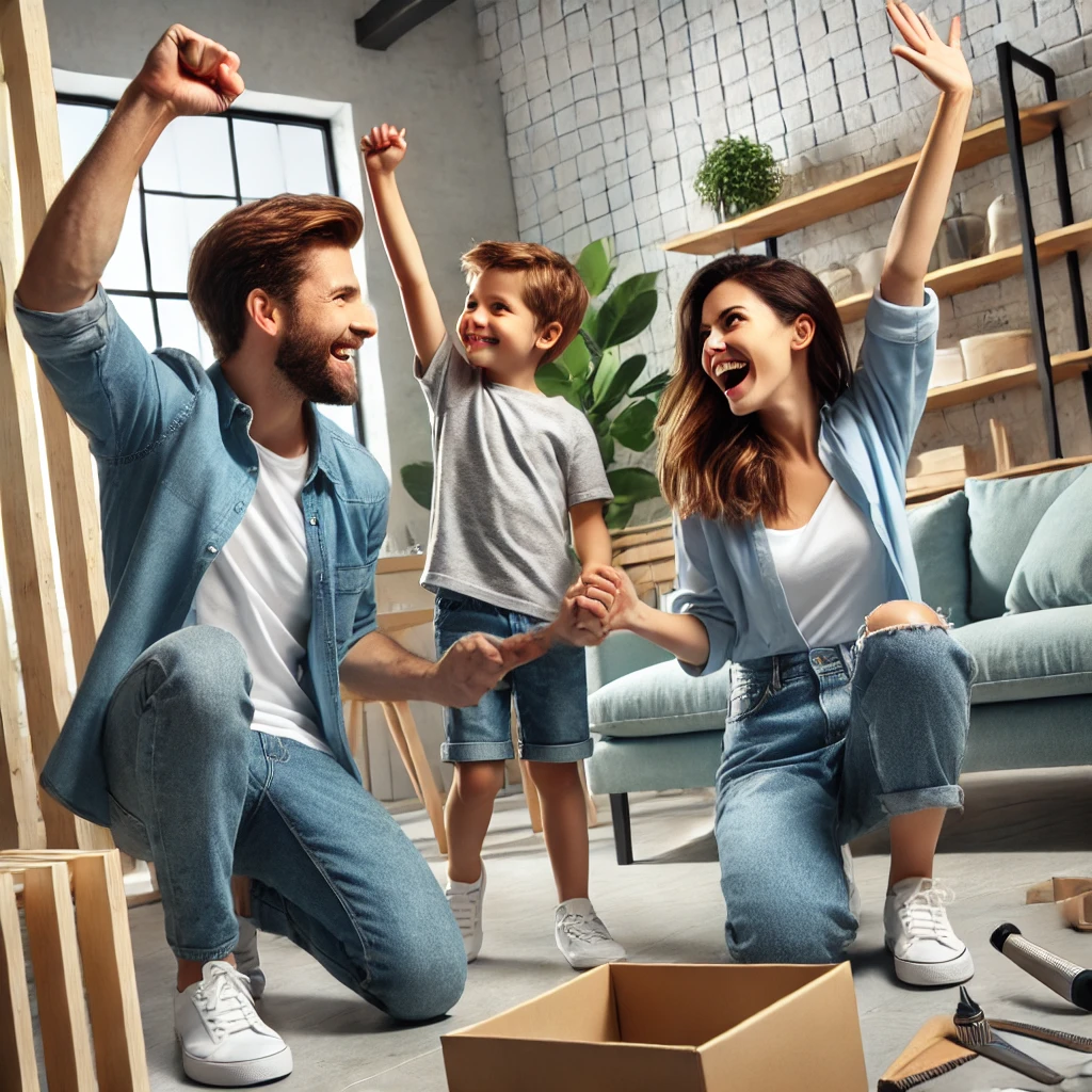 가족이 집에서 작은 DIY 프로젝트를 완료한 후 함께 기뻐하며 환호하는 장면. 부모와 아이가 미소를 지으며 하이파이브를 하고 있으며&amp;#44; 현대적인 거실에서 팀워크를 축하하는 따뜻한 모습