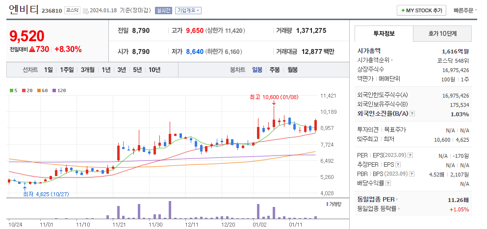 엔비티 일봉차트
