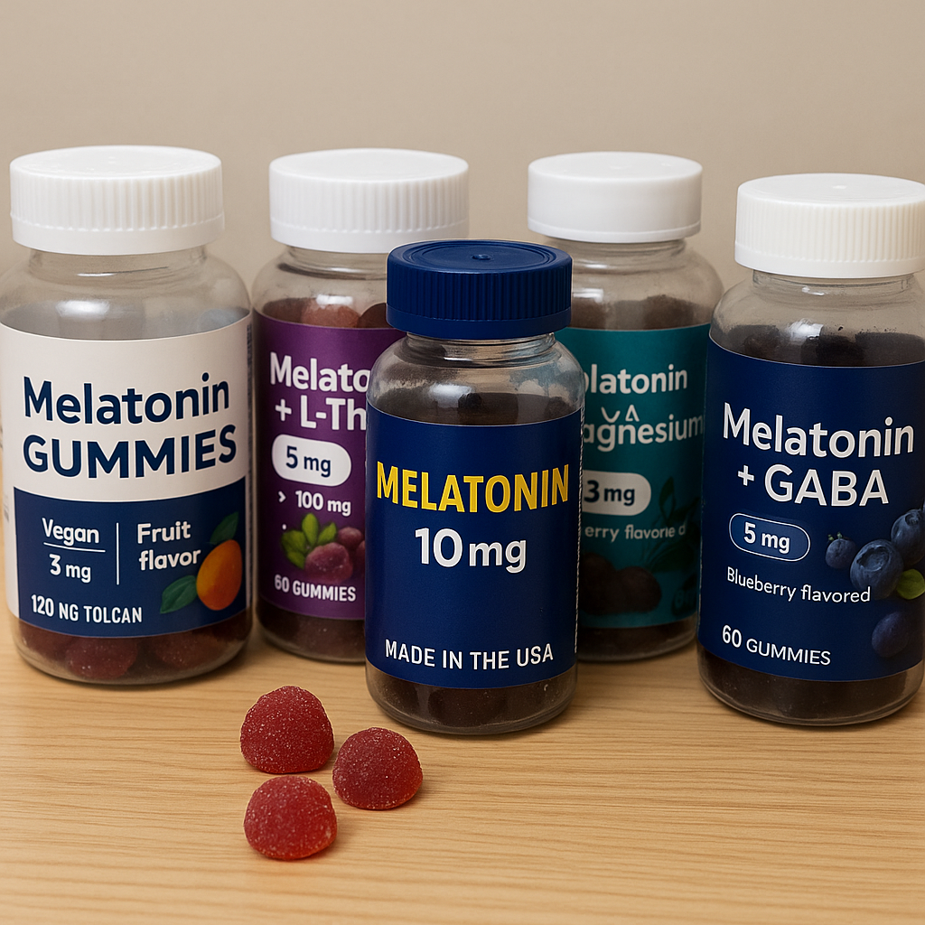 나무 테이블 위에 멜라토닌 구미 제품 5종이 정렬되어 있으며, 각 제품은 용량(3mg, 5mg, 10mg)과 성분이 다르게 표기되어 있고, 부드러운 조명이 수면을 연상케 하는 분위기를 조성한다.