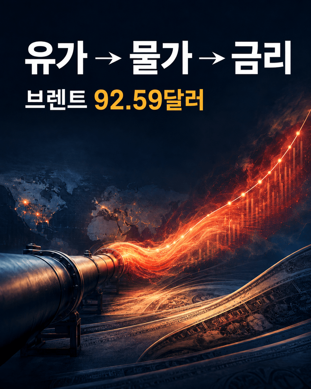 브렌트유 92.59달러가 물가와 금리로 이어지는 경로를 표현한 정보 카드