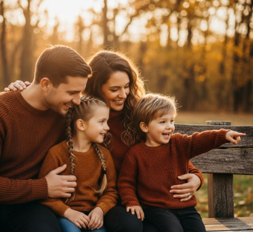 벤치에 가족들이 모여 앉아 행복하게 웃는 모습
