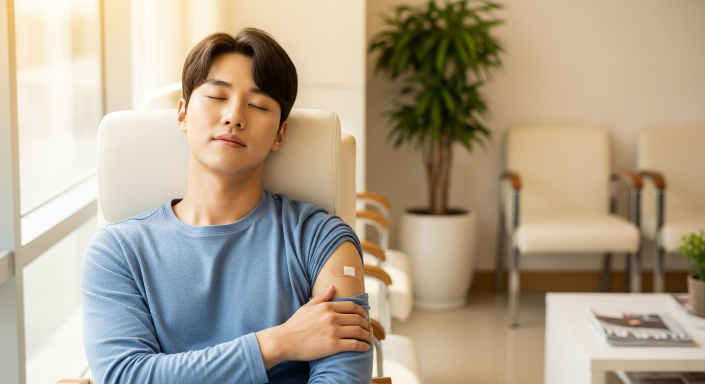 주사맞고 휴식을 취하고 있는 젋은남자