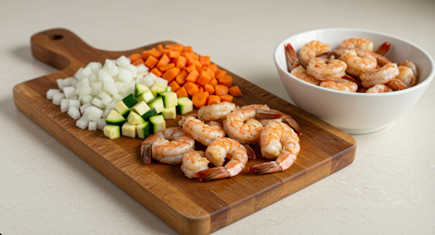 잘게 썬 새우, 양파, 당근, 애호박