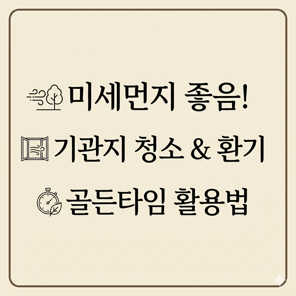 밝은 베이지 배경의 미세먼지 좋음 단계 기관지 청소 및 실내 환기 골든타임 활용법 안내 썸네일 이미지