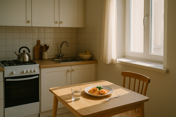 단독 식사 구성이 마련된 소형 주방