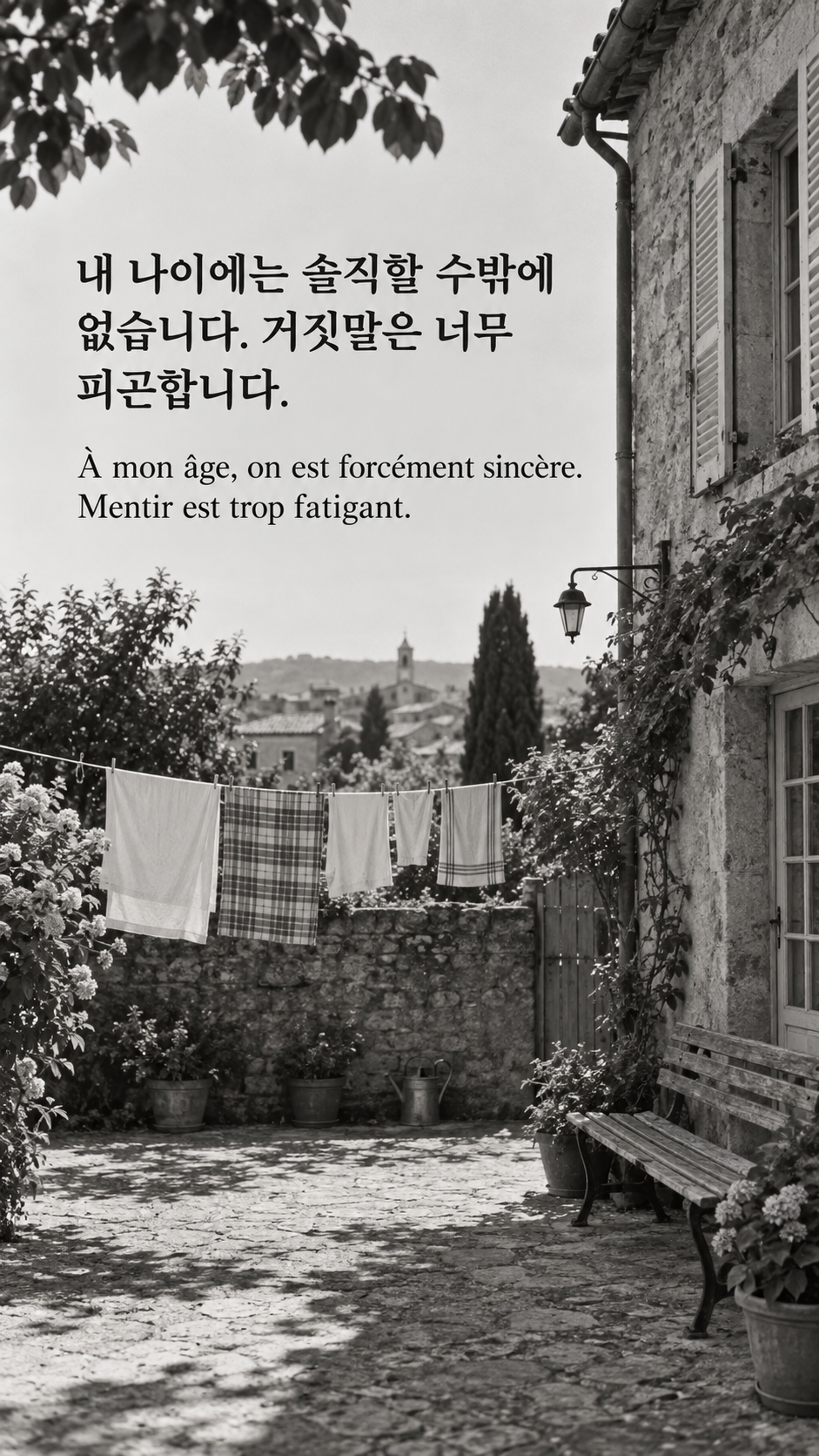 솔직함의 가벼움 &mdash; 빨래가 걸린 옛집의 빈 안뜰