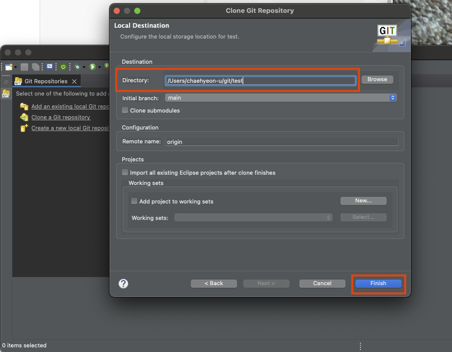 경로를 확인한 후 Finsh 버튼을 클릭