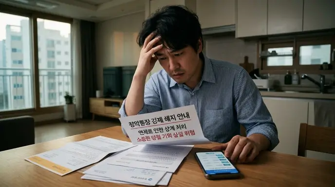 단기 연체로 인해 소중한 청약통장이 강제 상계(해지) 처리되는 위험성을 경고하고 대안 대출을 알아보는 모습
