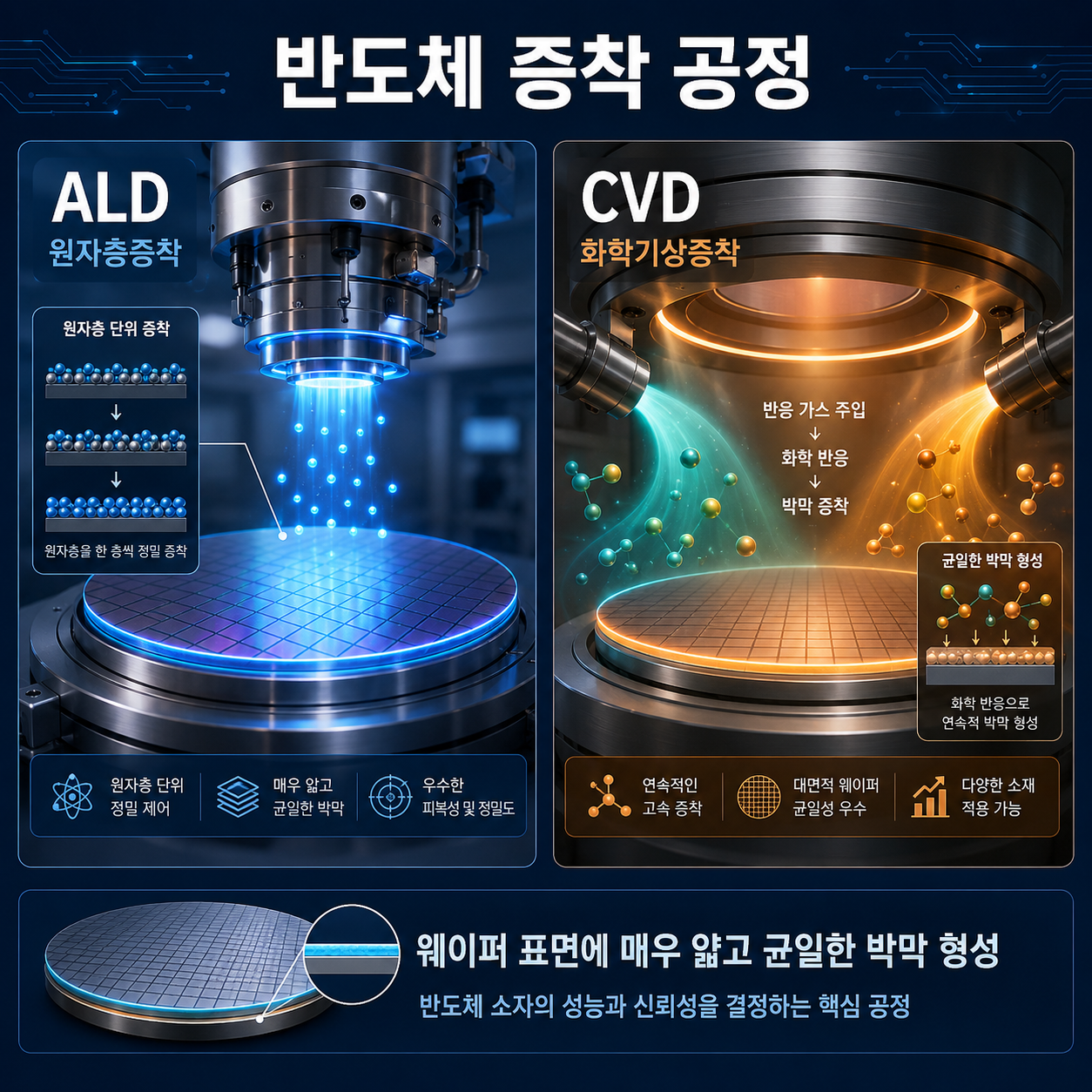 반도체 제조 과정에서 웨이퍼 표면에 매우 얇고 균일한 막을 입히는 증착 공정입니다.
대표 기술은 원자층증착장비인 ALD와 화학기상증착장비인 CVD이미지