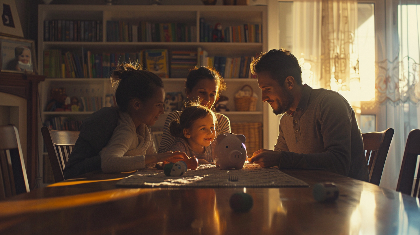 저금통을 보고 있는 가족들 사진