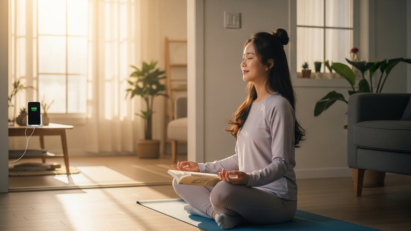 아침에 스마트폰 대신 명상과 독서로 하루를 시작하며 삶의 질을 높이는 모습