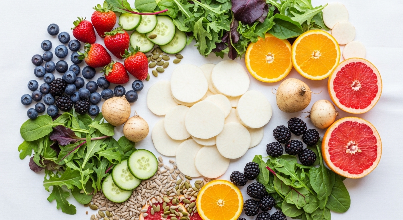 신선하게 썰린 히카마와 다양한 채소, 과일이 어우러진 건강한 샐러드 재료 구성. 다이어트와 건강 식단을 상징.