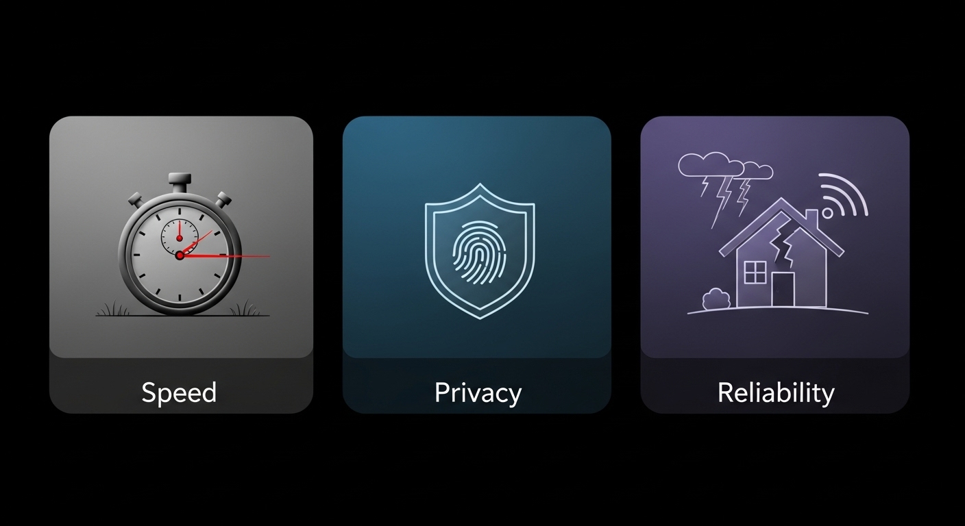 엣지 컴퓨팅의 3가지 핵심 장점인 빠른 속도, 개인정보 보호, 안정성을 각각 시계, 방패, 견고한 집 아이콘으로 표현한 이미지.