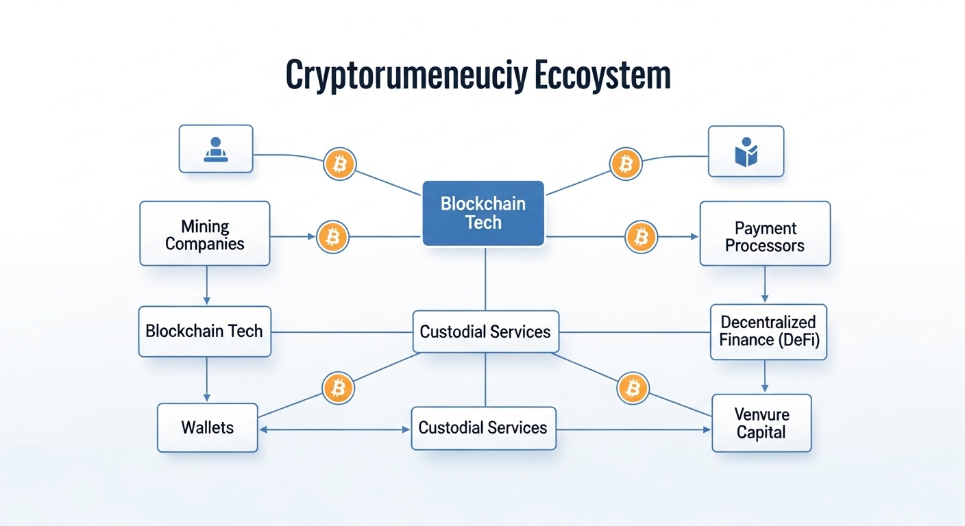 비트코인 채굴, 거래소, 블록체인 기술, 결제 서비스를 나타내는 암호화폐 관련 기업 네트워크 다이어그램