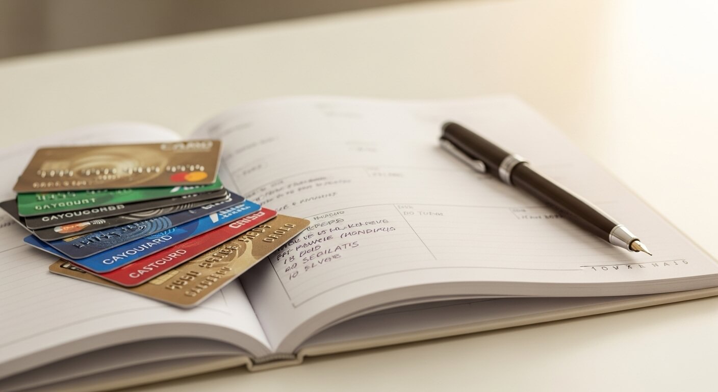 다이어리 위에 겹쳐진 여러 장의 신용카드와 펜