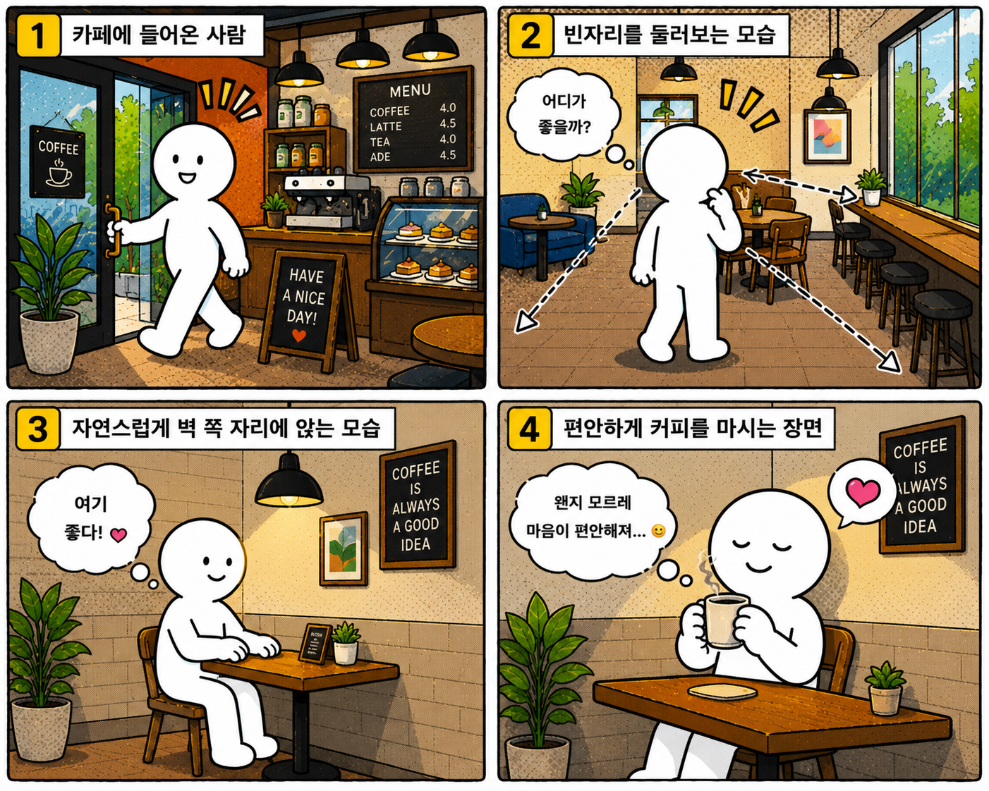 카페에서 벽쪽에 기대어 편안한게 커피를 마시는 상황