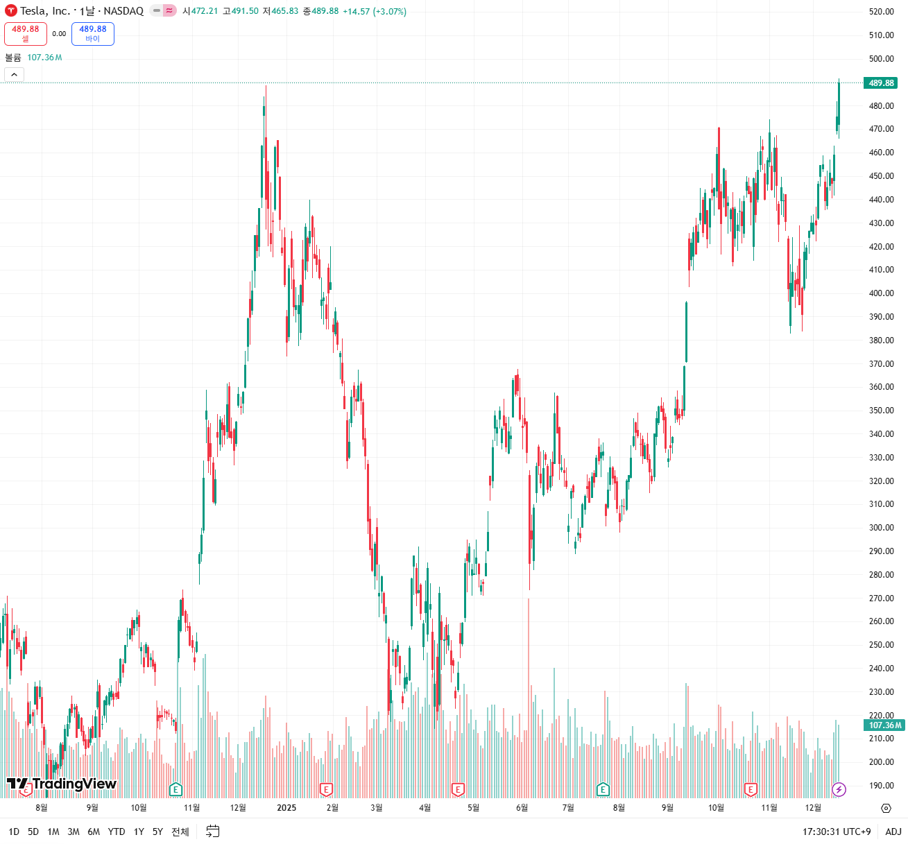 테슬라 주가 차트 이미지