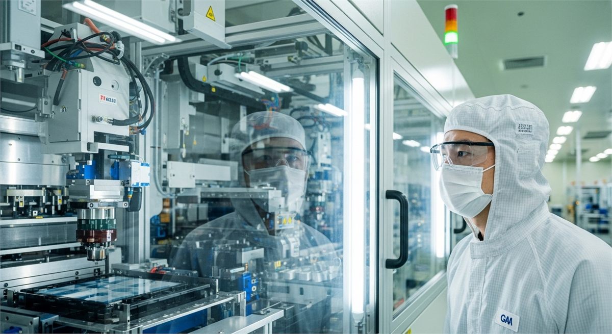 한국 반도체 공장 클린룸에서 장비를 점검하는 엔지니어 장면 