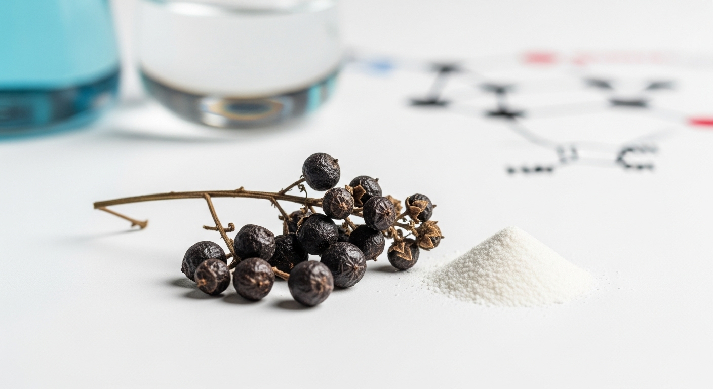 체스트트리 베리와 이노시톨 파우더. 호르몬 균형 조절 및 PCOS 관리를 위한 핵심 성분들을 보여줍니다