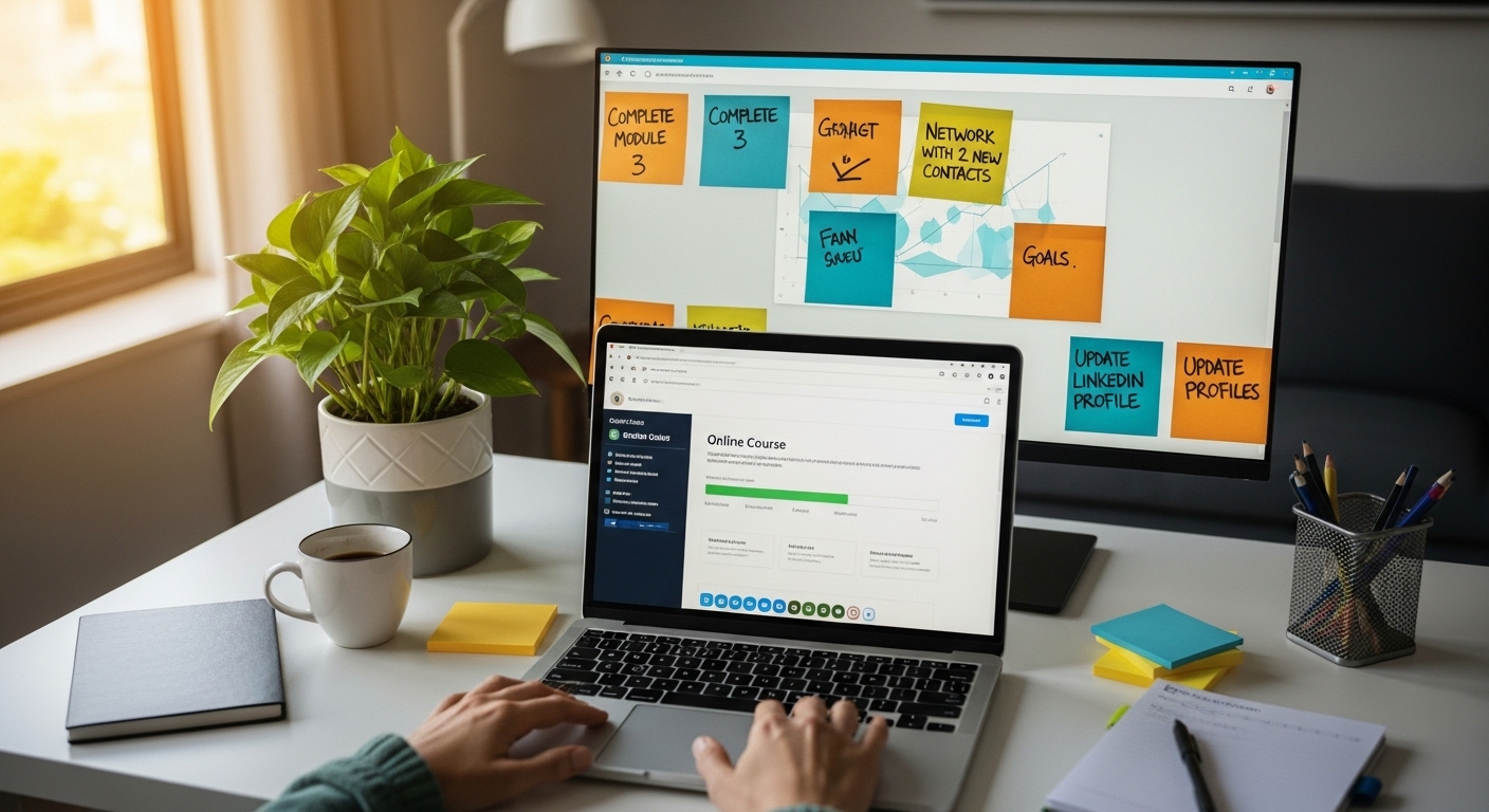 온라인 학습과 목표 설정으로 가득한 책상을 통해 커리어 성장을 시각화한 이미지.