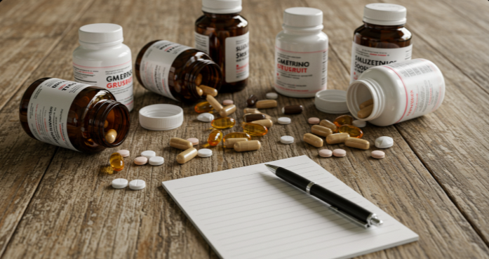 다양한 다이어트 영양제들이 테이블 위에 놓여있는 모습