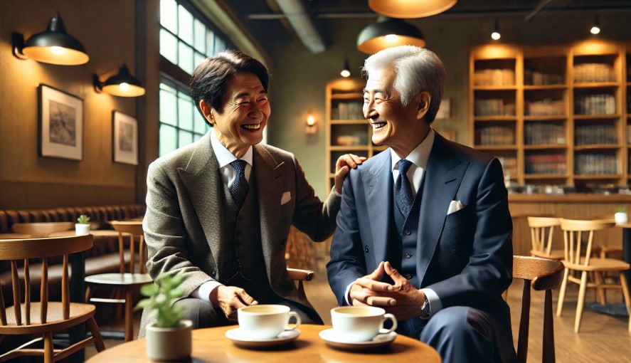 카페에서 즐겁게 대화중인 노인 사진