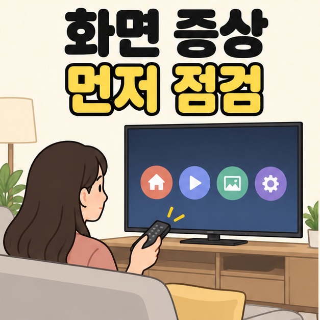 화면 증상 먼저 점검이라는 문구 아래 여성이 리모컨을 누르고 TV 화면에 홈과 재생 등의 메뉴 아이콘이 표시된 그림