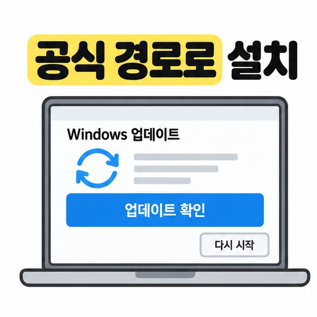 공식 경로로 설치 제목 아래 Windows 업데이트 화면의 업데이트 확인 버튼과 다시 시작 버튼을 보여 주는 노트북 그림