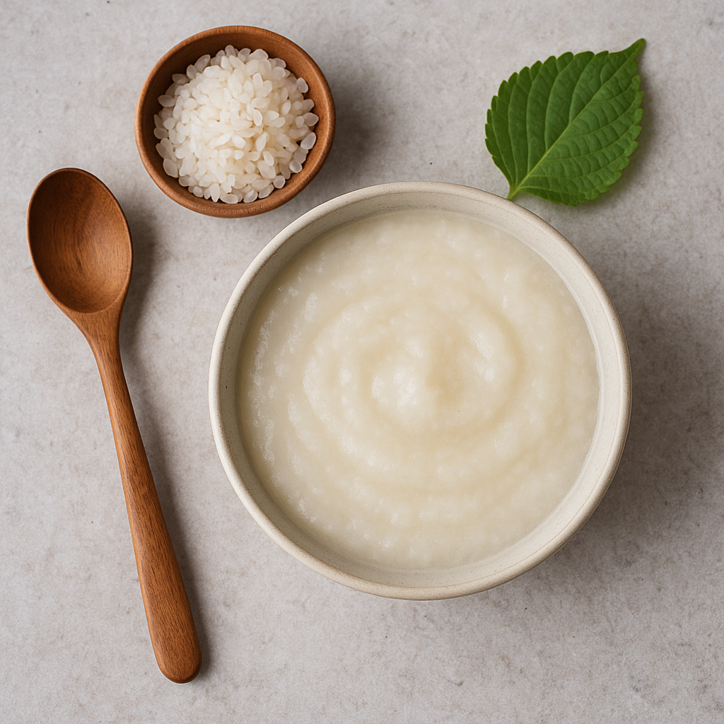 흰죽 한 그릇과 나무 숟가락, 생쌀, 잎이 어우러진 위장 보호용 부드러운 회복식 이미지