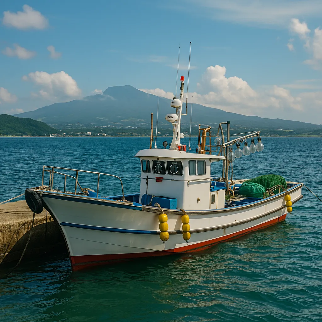제주 해안에 정박한 어선과 여름 풍경