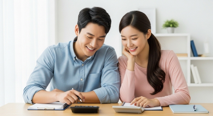 계산기 앞에 앉은 부부가 웃으며 재산세 계산을 확인하는 모습