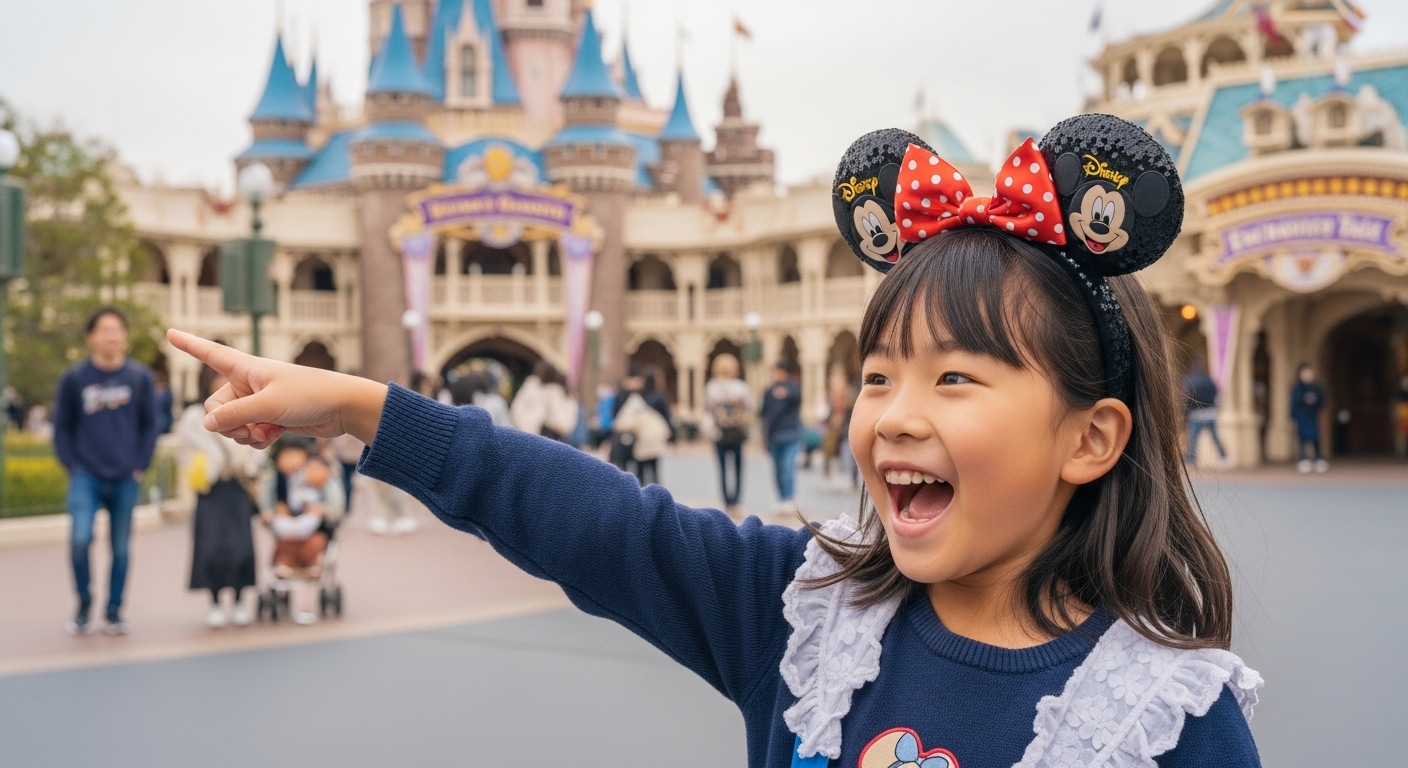 도쿄 디즈니랜드 판타지랜드에서 아이가 '미녀와 야수 '마법 이야기'' 어트랙션을 가리키며 설렘 가득한 표정을 짓고 있는 모습.