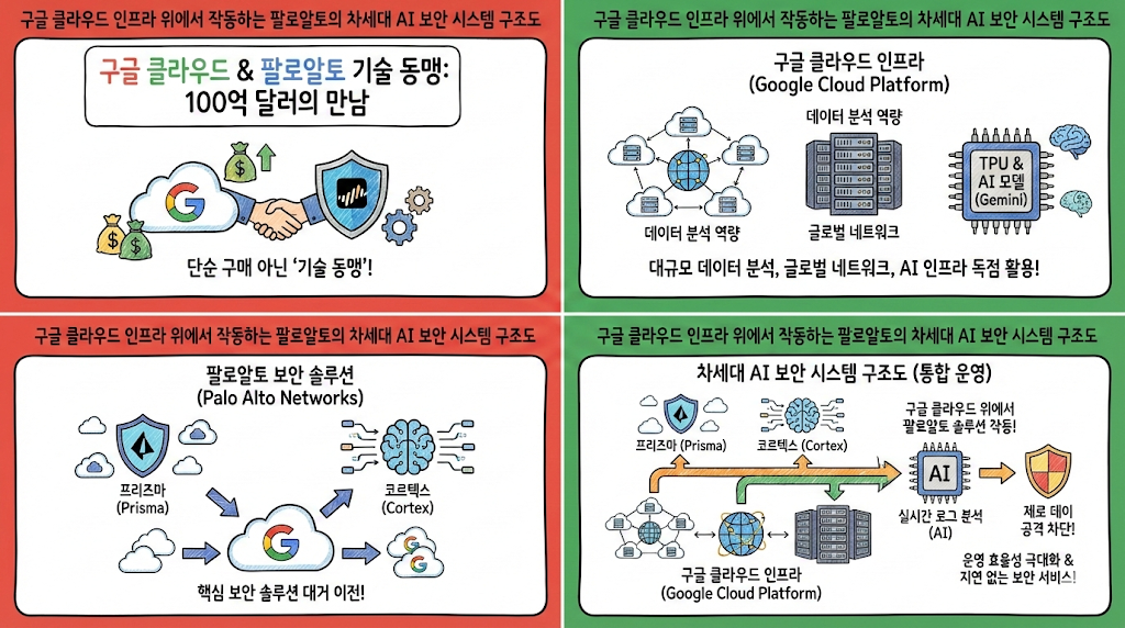 구글 클라우드 인프라 위에서 작동하는 팔로알토의 차세대 AI 보안 시스템 구조도