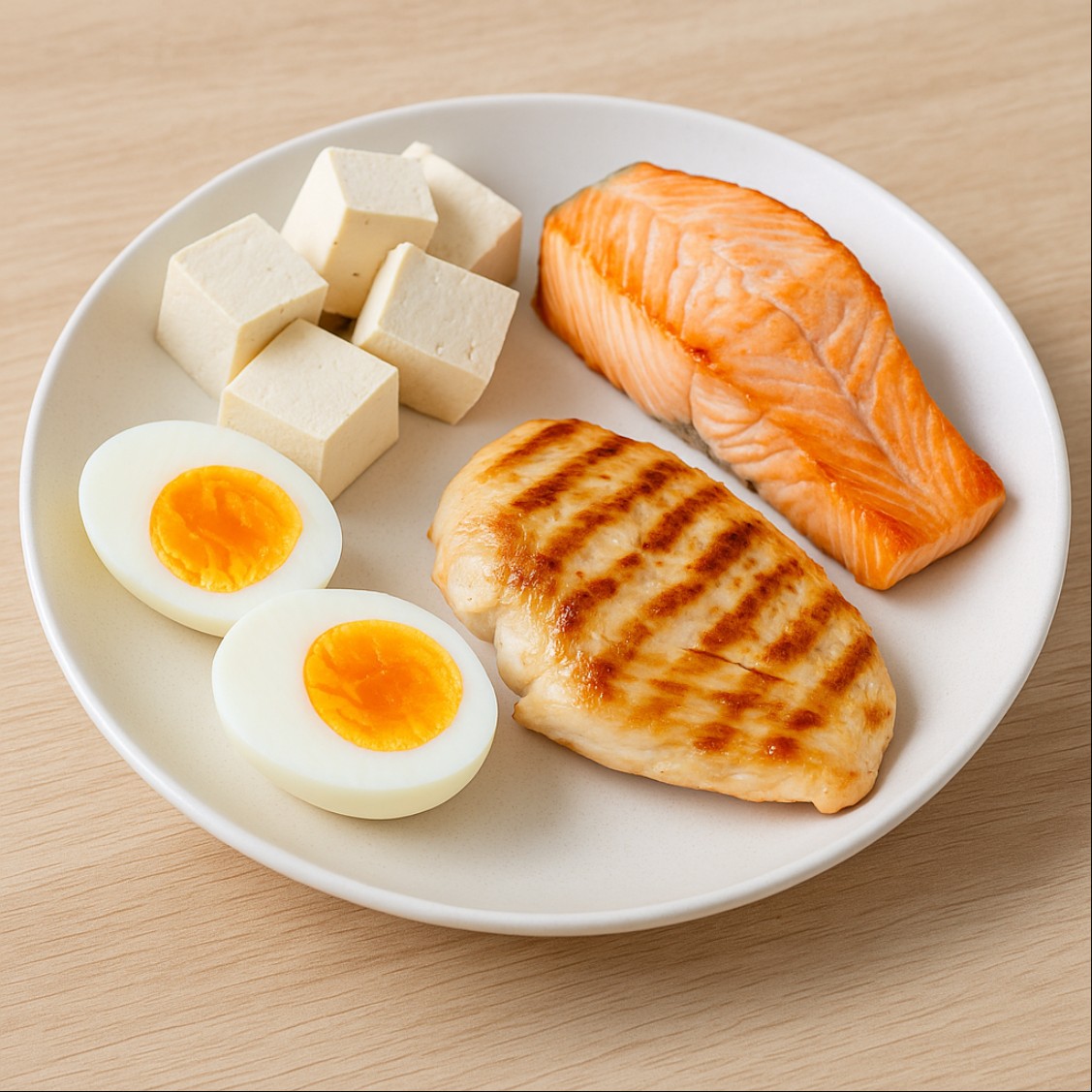 알부민 수치 낮을 때 도움이 되는 단백질 음식 구성 — 닭가슴살, 달걀, 연어, 두부로 만든 균형 잡힌 식단 이미지