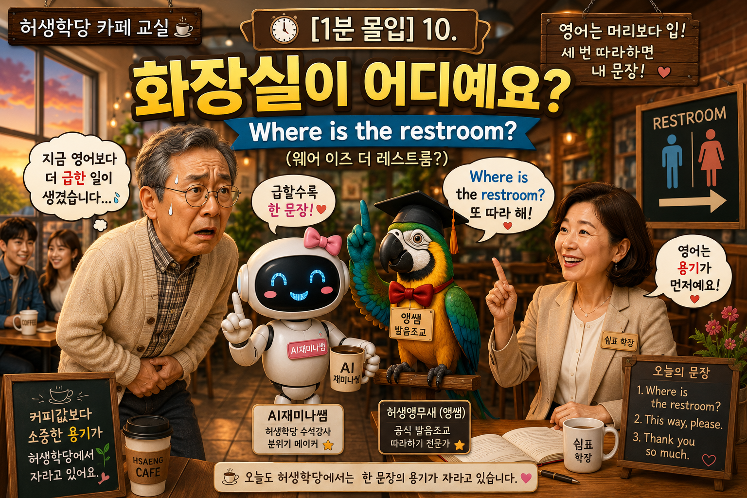 허생학당 카페 교실에서 화장실을 찾기 위해 영어 문장을 연습하는 학우와 AI재미나쌤, 쉼표 학장, 발음조교 허생앵무새의 모습