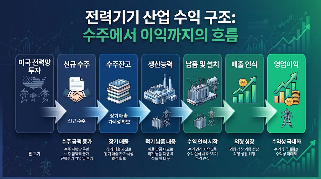 전력기기 기업의 수주가 실제 매출과 영업이익으로 이어지는 과정을 보여주는 산업 구조 인포그래픽