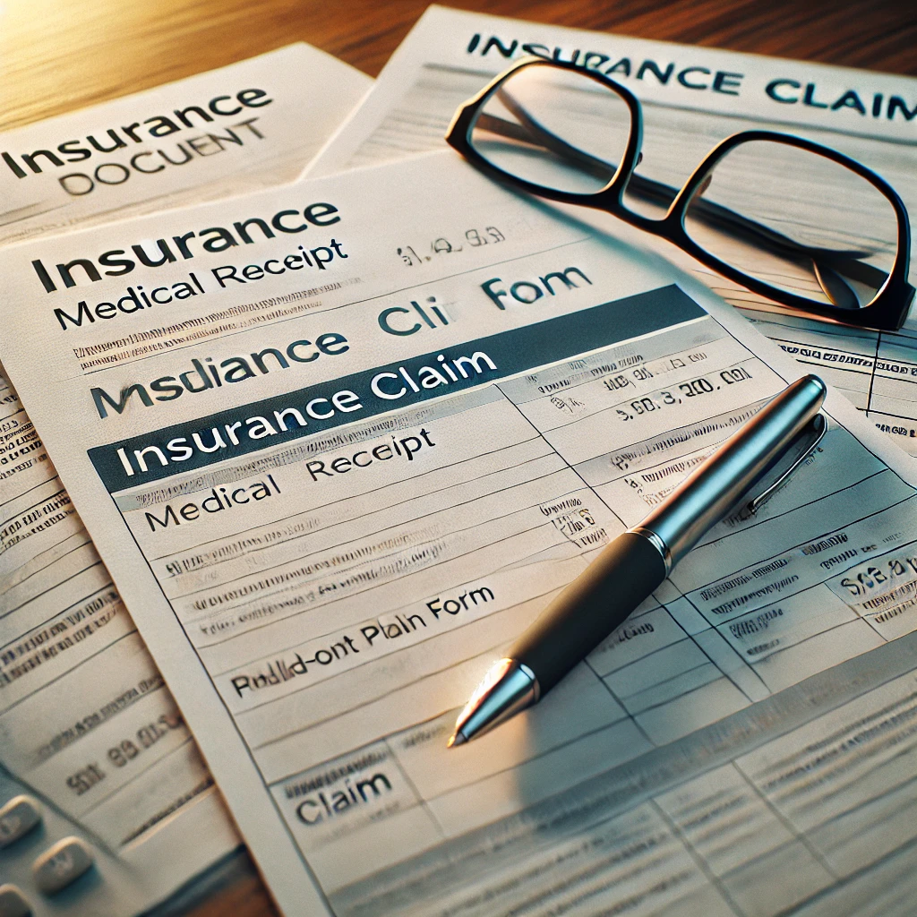 나무 책상 위에 보험 청구에 필요한 문서들이 펼쳐져 있는 모습. 의료 영수증&amp;#44; 보험 증권&amp;#44; 작성된 청구서의 세부 사항이 뚜렷하게 보임. 문서 위에 대각선으로 놓인 볼펜과 근처에 안경이 놓여 있음. 자연광이 부드럽게 비추며 전문적이고 집중된 분위기를 연출
