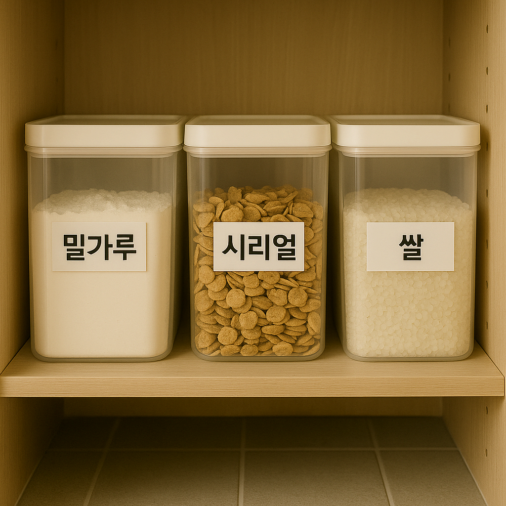 투명 용기에 담겨 라벨링된 식재료가 선반에 정리된 모습