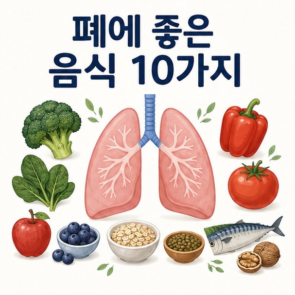 건강한 폐 아이콘과 채소, 과일, 생선을 이용해 폐 건강을 위한 식단을 소개하는 그림