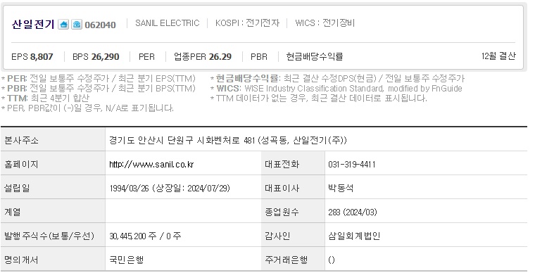 산일전기 기업개요