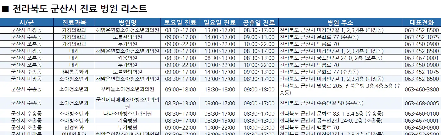 군산시-일요일-진료병원-리스트-예시