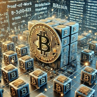 3D 블록체인 네트워크와 Proof-of-Work 시각화 이미지.