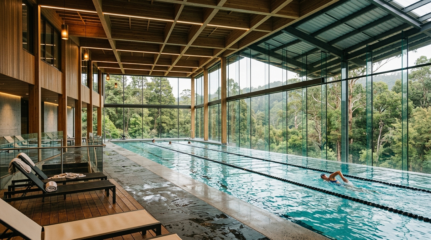 Prompt: Modern indoor swimming pool with glass walls looking out to a forest, highend sports complex architecture, cinematic lighting. no text.