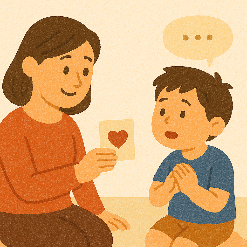 아이에게 사회적 감정을 자연스럽게 표현하는 법을 교육하는 엄마에 대한 이미지