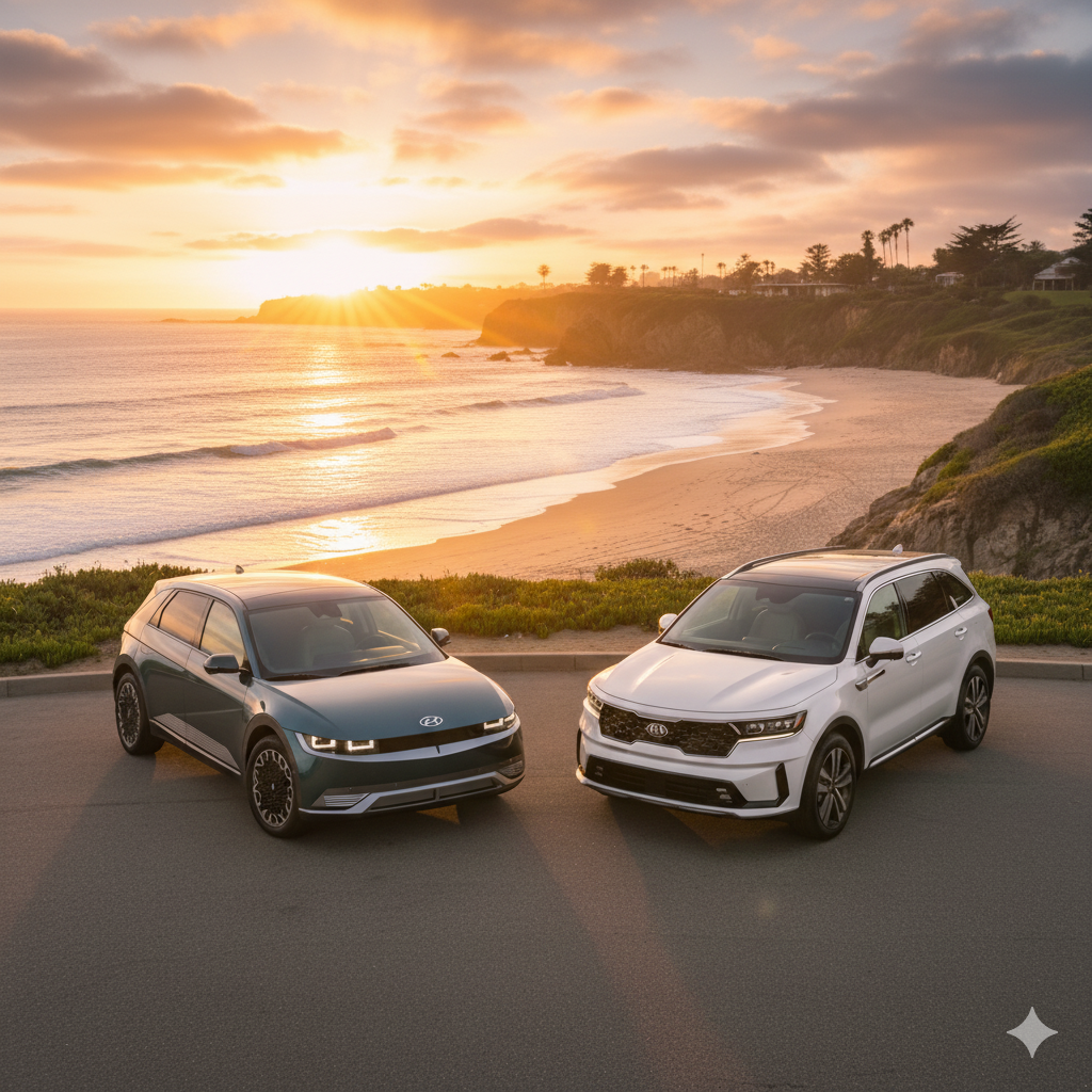 alt="전기차와 하이브리드 차량이 해안 도로 위에 나란히 서 있는 모습. 친환경차, 전기차·하이브리드 비교, 자동차 절세와 유지비 관련 정보를 상징하는 이미지."