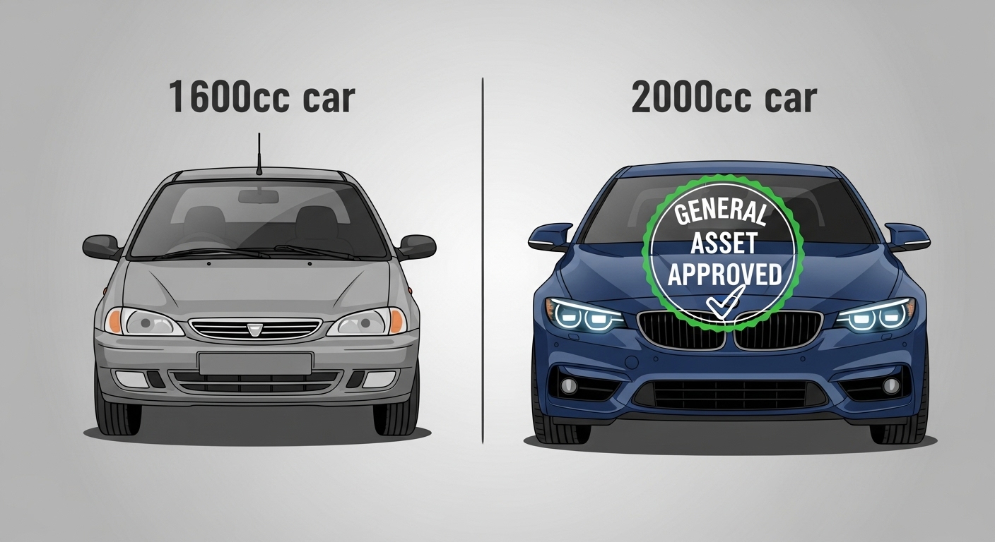 1,600cc와 2,000cc 자동차의 아이콘이 대비되고, 2,000cc 차량에 '일반 재산 인정' 스탬프가 찍혀 있는 일러스트